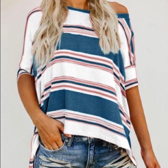 Striped Ribbed Knit Blue , Pink , & White T Shirt - Picture 2 of 5